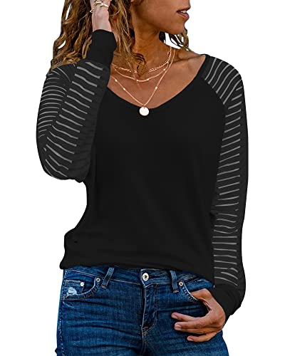 WNEEDU Long Sleeve Tops for Women V Neck Tunic Shirts Casual Fall Blouse | Sheer mesh raglan 2026 t shirt, Women loose striped long sleeve tops pullover for fall spring Black M