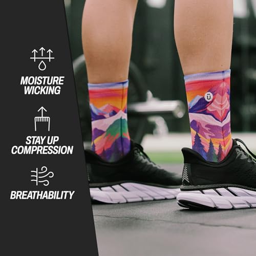 Outway Novelty Crew Socks for Men & Women, Breathable, Moisture-Wicking Athletic Calf Socks with Arch Support, Durable Polyester & Spandex Blend, Colorful Nature Design, Nature Trip, L-XL
