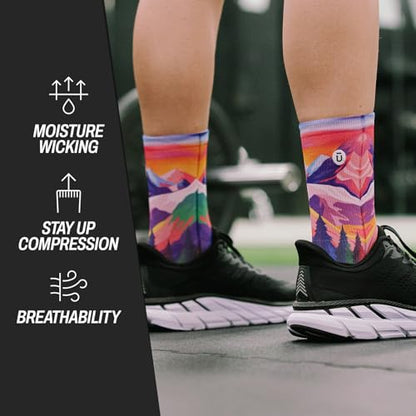 Outway Novelty Crew Socks for Men & Women, Breathable, Moisture-Wicking Athletic Calf Socks with Arch Support, Durable Polyester & Spandex Blend, Colorful Nature Design, Nature Trip, L-XL