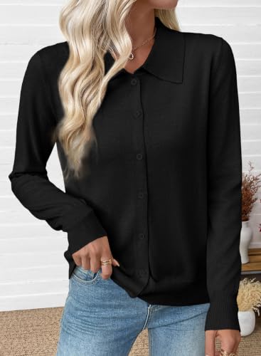 EVALESS Long Sleeve Cardigan Sweaters for Women Button Knit Tops Black M