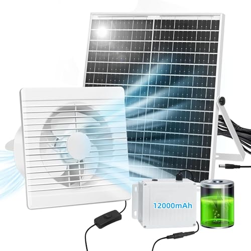 Teilybao Solar Fan with Battery,9.8" Solar Exhaust Fan,12000mAh 22W Fan with 14.7Ft On/Off Cable,Greenhouse Air Cooling Circulation for Shed, Chicken Coop and More