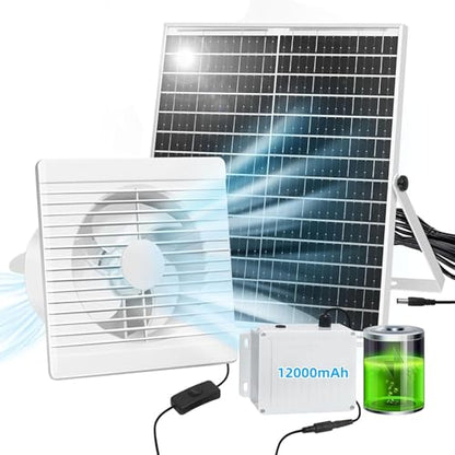 Teilybao Solar Fan with Battery,9.8" Solar Exhaust Fan,12000mAh 22W Fan with 14.7Ft On/Off Cable,Greenhouse Air Cooling Circulation for Shed, Chicken Coop and More