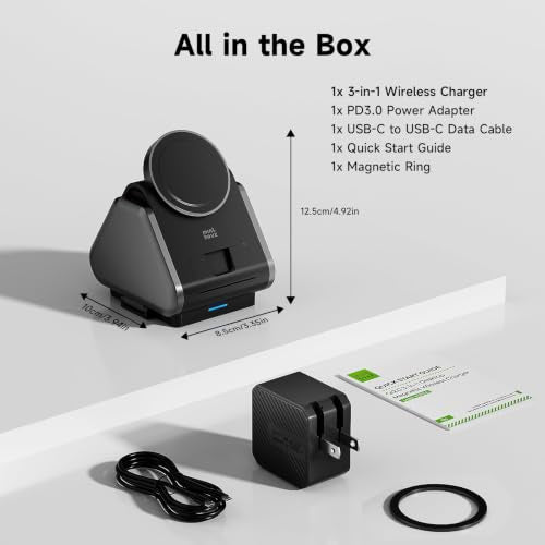 3 in 1 Charging Station, for Mag Safe Wireless Charger Stand, 15W Multiple Device Magnetic Charging Station for iPhone 16,15,14,13,12 Series, Apple Watch, AirPods (USB-C Charger Included)