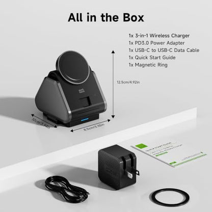3 in 1 Charging Station, for Mag Safe Wireless Charger Stand, 15W Multiple Device Magnetic Charging Station for iPhone 16,15,14,13,12 Series, Apple Watch, AirPods (USB-C Charger Included)