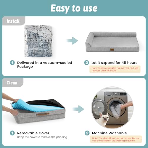 COZY KISS Cooling Dog Bed, Q-Max >0.4 Orthopedic Foam Dog Bed with Sides, Removable Cover & Waterproof Lining and Nonskid Bottom, Comfortable Pet Beds for Dogs, Grey (36" L x 27" W x 6.5" Th)