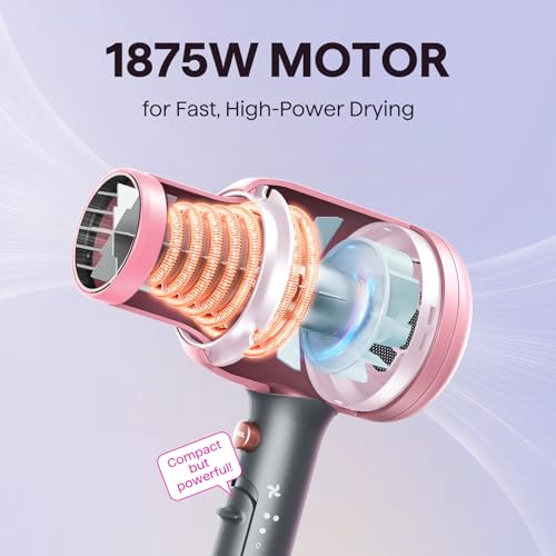 Wavytalk Hair Dryer with Diffuser, Blown Away Ionic Blow Dryer | 1875W Fast Drying, 3 Attachments for All Hair Types, Ceramic Technology, Compact Design, Lightweight and Quiet