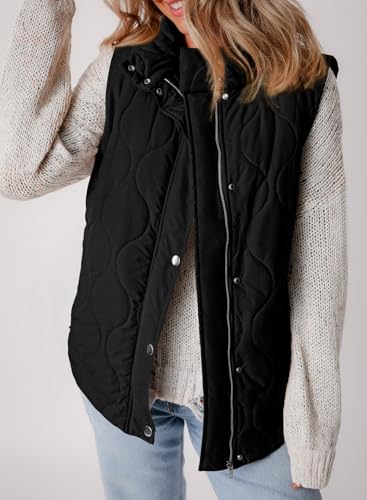 EVALESS Casual Cropped Black Puffer Vest Women Lightweight Quilted Stand Collar Sleeveless Jackets Fall 2026 Button Zip Up Warm Coat Outerwear with Pockets Small