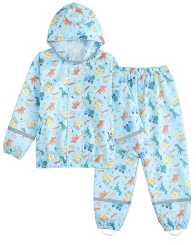 DivingBirds Kids Toddler Rain Suit,Muddy Buddy Waterproof Coverall,2-Piece Raincoat with Portable Storage Bag and Reflective Strip Light Blue for 1-2 Years