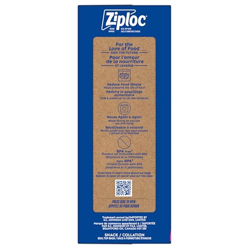 Ziploc Snack Bags, EasyGuide Seal, BPA-Free Food Storage, 100 Count