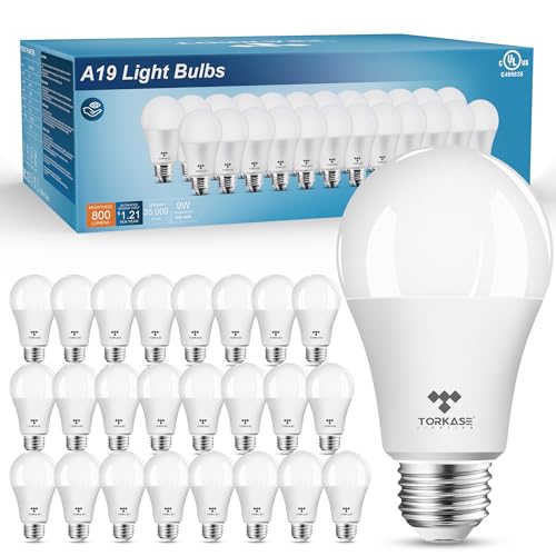 TORKASE A19 LED Light Bulbs 60/80W Replacement, 9 Watt 800 LM Bright Standard Light Bulbs Non-Dimmable, E26 Screw Base, 3500K Soft White, Frosted Energy Saving LED Bulb,UL Listaed(24-Pack)