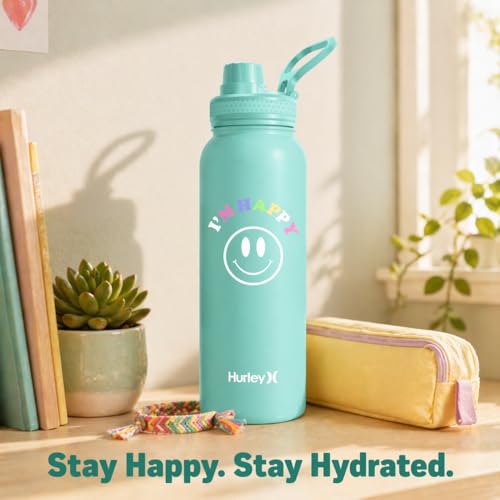 Hurley 32 Oz Reusable Water Bottle with Chug Cap Stainless Steel Sports Bottle "I'M HAPPY" Design with Handle on Lid, Mint