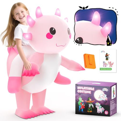 Inflatable Costume for kids,Inflatable Axolotl Riding Costume with Lights,Halloween Glow in The Dark Blow up Costumes