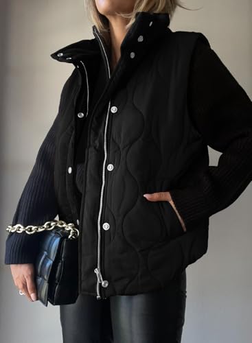 EVALESS Casual Cropped Black Puffer Vest Women Lightweight Quilted Stand Collar Sleeveless Jackets Fall 2026 Button Zip Up Warm Coat Outerwear with Pockets Small