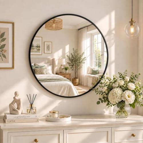 BEAUTYPEAK 20 Inch Round Mirror, Black Metal Frame Circle Mirror, Wall Mirror for Entryway, Bathroom, Vanity, Living Room, Black Circle Mirror
