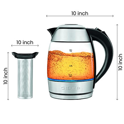 Chefman Electric Kettle 1.8L, 1500W Fast Boiling Water Heater, Auto Shutoff, Boil Dry Protection & Cordless Pouring, BPA Free, Removable Tea Infuser, Borosilicate Glass, Stainless Steel
