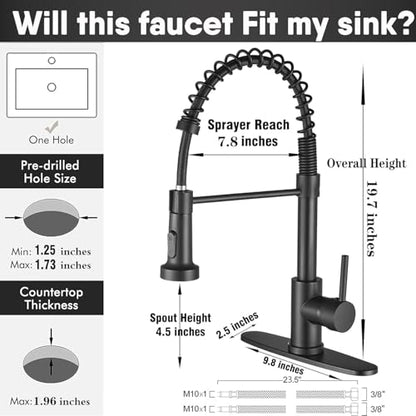 GIFTQOOL Commercial Kitchen Faucet with Pull Down 2 Modes Sprayer, 360° Swivel for Full Sink Coverage High-Arc Spring Design, Stainless Steel Single Handle 1 Hole Modern Taps, Matte Black
