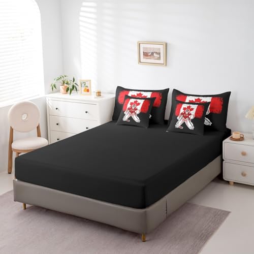 Feelyou Kids Ice Hockey Comforter Set 7 Pieces Twin Size Canada Flag Bedding Set for Boys Girls Winter Sports Hobby Bed in a Bag with Comforter, Sheets, Pillowcases & Cushion Covers