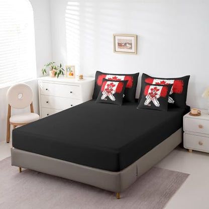 Feelyou Kids Ice Hockey Comforter Set 7 Pieces Twin Size Canada Flag Bedding Set for Boys Girls Winter Sports Hobby Bed in a Bag with Comforter, Sheets, Pillowcases & Cushion Covers