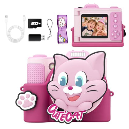 Kids Camera for Big Boys and Girls Flip Screen2.4+Telescopic Zoom 1080P Selfie Photo+Video Digital Camera for Age 5-12 with Cartoon Cover & SD Card Gift Best Chritmas Birthday Festival Gift(Pink)