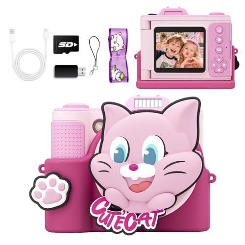 Kids Camera for Big Boys and Girls Flip Screen2.4+Telescopic Zoom 1080P Selfie Photo+Video Digital Camera for Age 5-12 with Cartoon Cover & SD Card Gift Best Chritmas Birthday Festival Gift(Pink)