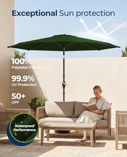 MUCHENGHY 9ft Patio Umbrella, Outdoor Market Table Umbrella with Push Button Tilt and Crank, 8 Ribs UV Protection Sun Shade for Lawn, Deck, Garden, Fishing, Backyard & Pool(Pine Green)