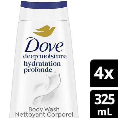Dove Deep Moisture Body Wash 24H Freshness, 325mL, 4-Pack | Renewing MicroMoisture, plant-based moisturizers, paraben-free, sulfate-free, daily body wash, 24H lotion-soft skin, 4-pack