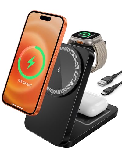 Wireless Phone Charger 15W magnetic Station charging iPhone Watch Earbuds | 3-in-1 15W Qi magnetic charging; fits MagSafe-ready Phones; foldable; LED indicator; for Watch & Earbuds