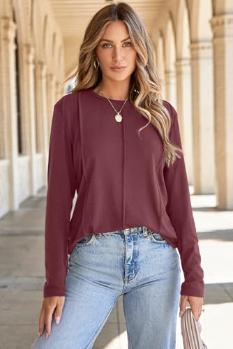 EVALESS Womens Tops Blouses Dressy for Women 2024 Trendy Summer Fall Dressy Casual Long Sleeve Blouses Solid Color Loose Round Neck Pleated Basic T Shirts Outfits,Red Dahlia Medium