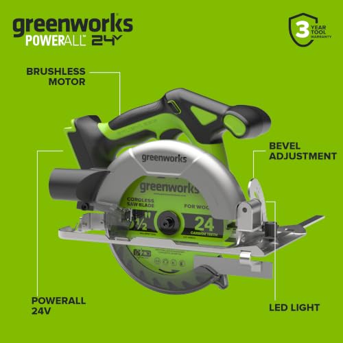 Greenworks 24V Cordless Brushless Combo 400 in-lbs Drill/Driver +1950 in-lbs Impact Driver +6.5" Circular Saw +200LM Flashlight, 2.0Ah + 4.0Ah Batteries (24,000mAh Power Bank) and 65W USB-C Charger