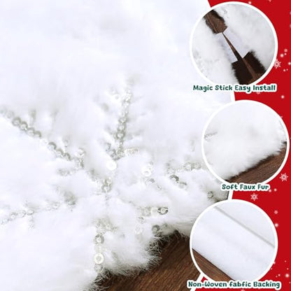 36 Inch Luxury White Faux Fur Tree Skirt with Silver Snowflake Sequins, HAOSHUOGE - Large Plush Christmas Tree Mat for Winter, Soft and Cozy Christmas Tree Decoration