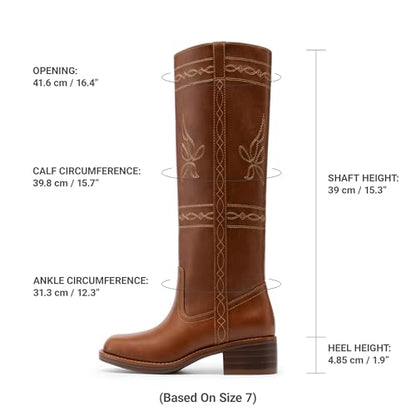 DREAM PAIRS Women's Knee High Boots Square Toe Stitched Tall Boots Embroidery Pull On Comfortable Long Boots for Country Concert,Size 7,Brown,SDKB26006W
