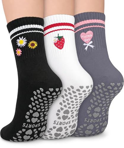 DHSO Pilates Socks with Grips for Women, Cute Non Slip Yoga Crew Socks
