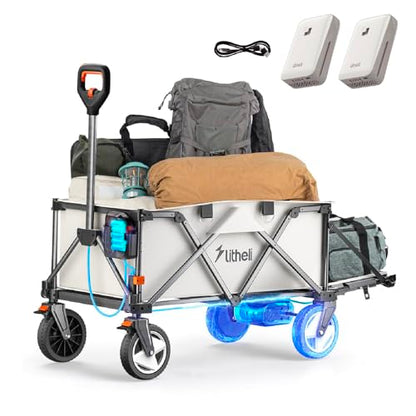 LiTHELi Electric Utility Wagon Cart, 200L Capacity, 300 lbs Load, Foldable Heavy-Duty Design with All-Terrain Wheels, Variable Speed Drive & Battery Power for Camping, Beach, Garden & Shopping
