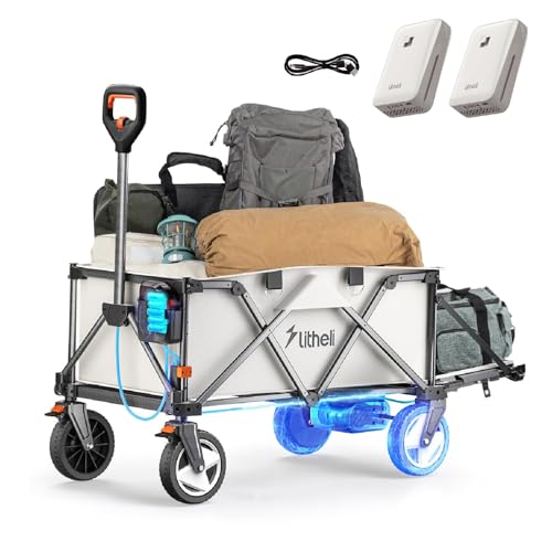LiTHELi Electric Utility Wagon Cart, 200L Capacity, 300 lbs Load, Foldable Heavy-Duty Design with All-Terrain Wheels, Variable Speed Drive & Battery Power for Camping, Beach, Garden & Shopping