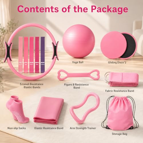 15 Pcs Pilates Kit for Women, Spopal Better Me Pilates Kit with Yoga Ball, Ring, Resistance Bands, Stretching Strap, Sliding Disks, Pilates Essential Equipment for Home (Pink)