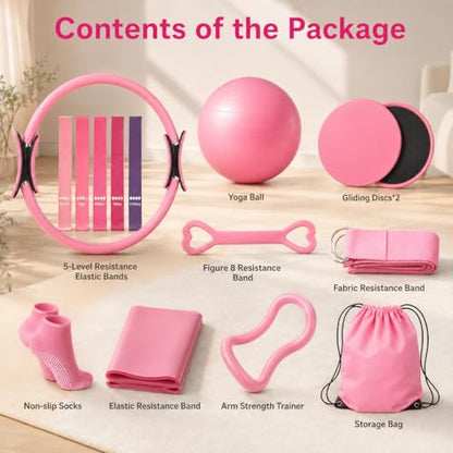 15 Pcs Pilates Kit for Women, Spopal Better Me Pilates Kit with Yoga Ball, Ring, Resistance Bands, Stretching Strap, Sliding Disks, Pilates Essential Equipment for Home (Pink)