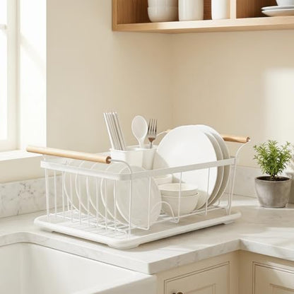 Fvellix Dish Racks for Kitchen Counter, Thickened Metal Dish Drying Rack with Wooden Handles, Kitchen Countertop Organizer for Dishes, Spoons and Forks, No Assembly, White, 16.7''*12.6''*5.12''