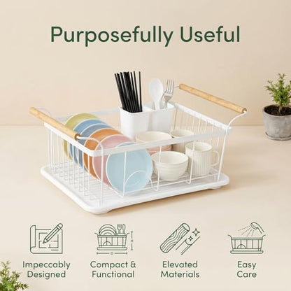 Fvellix Dish Racks for Kitchen Counter, Thickened Metal Dish Drying Rack with Wooden Handles, Kitchen Countertop Organizer for Dishes, Spoons and Forks, No Assembly, White, 16.7''*12.6''*5.12''