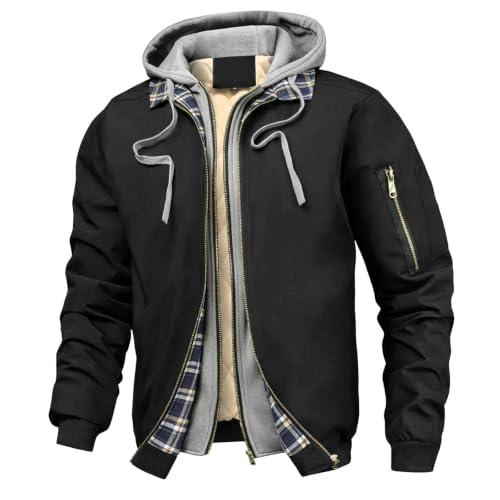Generic Mens Fall Winter Bomber Jacket Hooded Casual Quilted Puffer Jackets | Men's Tactical Jacket Soft Linner 2 in 1 Winter Jackets Full Zip Parka Jacket with Hood Thicken Snow Ski Quilted Jackets