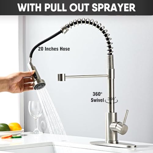 GIFTQOOL Brushed Nickel Kitchen Faucet with Pull Down Sprayer, Commercial Stainless Steel Kitchen Sink Faucets Single Handle Tap 1 Hole Modern RV Faucets