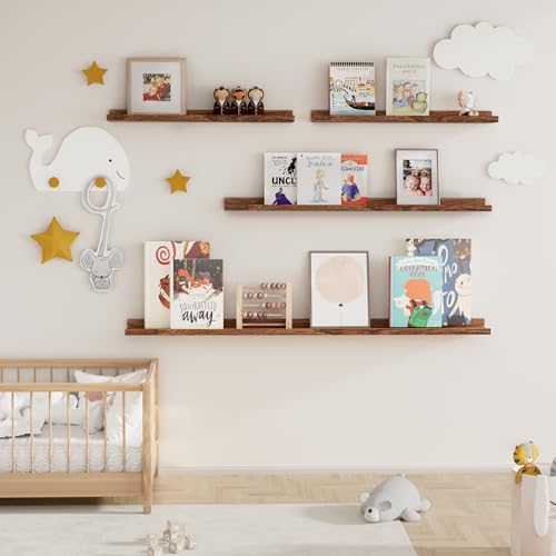 Fun Memories Picture Ledge Shelf, 24 Inch Floating Shelves Set of 2, Nursery Book Shelves for Toys Storage, Kids Bookshelf Wall Mounted for Wall Decor Books Photo Frames, Walnut