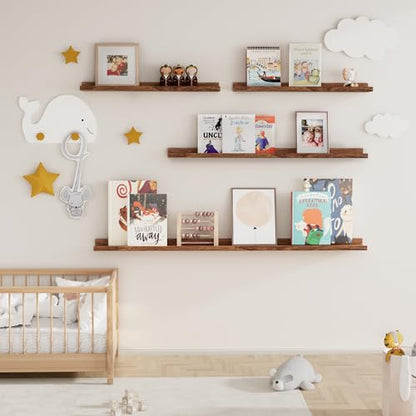 Fun Memories Picture Ledge Shelf, 24 Inch Floating Shelves Set of 2, Nursery Book Shelves for Toys Storage, Kids Bookshelf Wall Mounted for Wall Decor Books Photo Frames, Walnut