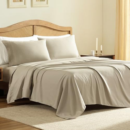 ClevaHome Queen Size Sheets, 4-Piece 14'' Deep Pocket Sheets, Sandy Beige