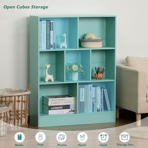 LEYAOYAO 7 Cube Bookshelf with Base,3 Tier Mid-Century Modern Bookcase,Standing Wide Bookshelves Storage Organizer Shelf,Rustic Wood Display Cabinet Book Shelves for Bedroom,Living Room,Office,Green