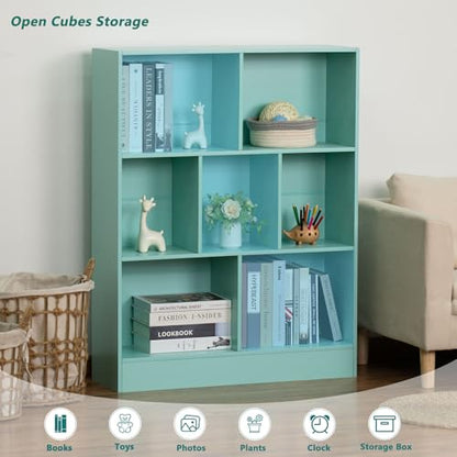 LEYAOYAO 7 Cube Bookshelf with Base,3 Tier Mid-Century Modern Bookcase,Standing Wide Bookshelves Storage Organizer Shelf,Rustic Wood Display Cabinet Book Shelves for Bedroom,Living Room,Office,Green