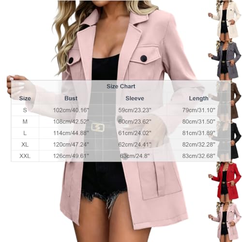 Womens Fall Jacket Women Notched Lapel Trench Coat Single Breasted Jacket Long Sleeve Casual Fall Winter Outerwear With Multi Pockets Pink Medium