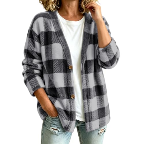 Womens Plaid Fleece Sweater Cardigan Open Front Fuzzy Sweaters Gray