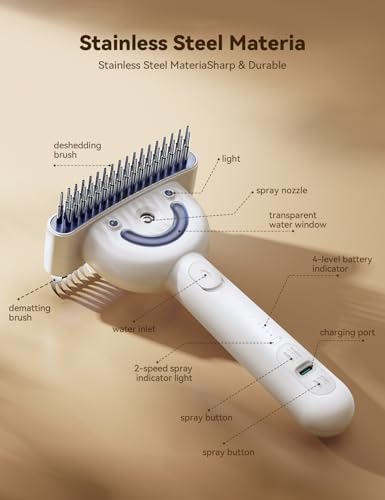 Dog Brush for Grooming,FEELNEEDY Cat Brush for Shedding,Dual-Sided Dematting and Deshedding Dog Brush with 2 Spray Levels Steam Brush, Detangling Rake for Long-Hair Dogs and Cats, for Medium-Thick Coats Prone to Tangles & Shedding