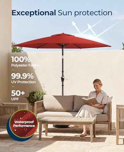 MUCHENGHY 7.5ft Patio Umbrella, Outdoor Market Table Umbrella with Push Button Tilt and Crank, 6 Ribs UV Protection Sun Shade for Lawn, Deck, Garden, Fishing, Backyard & Pool(Burgundy Red)