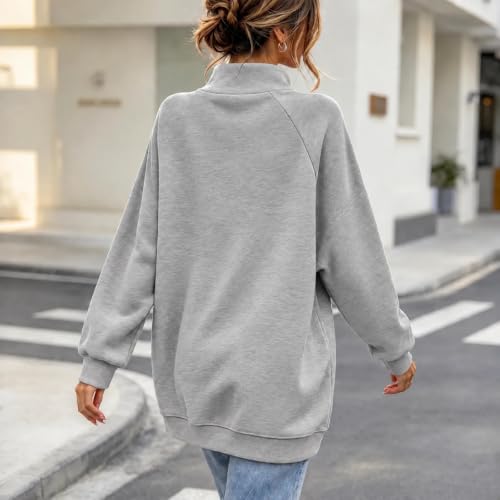 Mockneck Sweatshirt Sweatshirt for Women Trendy Mock Neck Button Decor Long Sleeve Pullover Top, Casual Loose Fit Solid Sweatshirts Gray